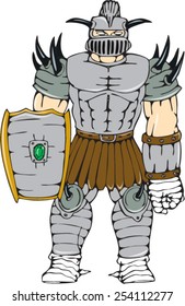 Illustration of knight in full armor holding a shield looking to front done in cartoon style on isolated white background.