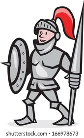 Illustration of knight in full armor with lance and shield facing front standing on isolated white background done in cartoon style.