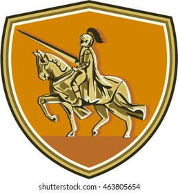 Illustration of knight in full armor with lance riding horse steed viewed from the side set inside shield crest done in retro style. 