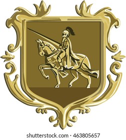 Illustration of knight in full armor with lance riding horse steed viewed from the side set inside coat of arms shield crest done in retro style. 