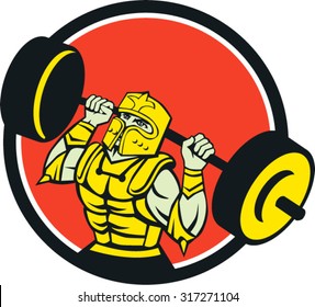 Illustration of knight in full armor lifting barbell looking up set inside circle viewed from front done in retro style on isolated background. 