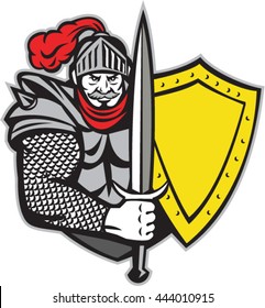 Illustration of a knight in full armor with open visor holding sword and shield viewed from the front set on isolated white background done in retro style. 