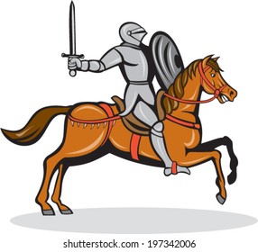 Illustration of knight in full armor riding horse steed with sword and shield facing side on isolated background done in cartoon style.