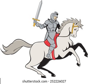 Illustration of knight in full armor riding horse steed with sword facing side set on isolated white background done in cartoon style.