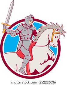 Illustration of knight in full armor riding horse steed with sword set inside circle on isolated background done in cartoon style.