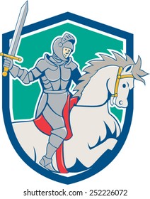 Illustration of knight in full armor riding horse steed with sword facing side set inside shield crest on isolated background done in cartoon style.