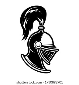 Illustration of knight helmet in engraving style. Design element for logo, label, emblem, sign. Vector illustration