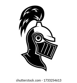 Illustration of knight helmet in engraving style. Design element for logo, label, emblem, sign. Vector illustration