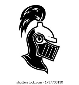 Illustration of knight helmet in engraving style. Design element for logo, label, emblem, sign. Vector illustration