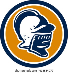 Illustration of a knight helmet viewed from the side set inside circle done in retro style. 