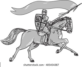 Illustration of knight horseback in full armor holding lance, shield and flag riding horse viewed from the side on isolated white background done in retro style. 