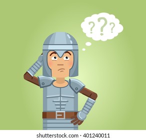 Illustration of a knight looking up at the question marks and thinking. Confused medieval knight making decision. Emoticon, emoji. Flat style vector illustration