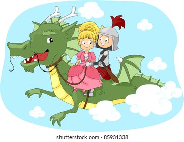 Illustration of a Knight and Princess Riding a Dragon