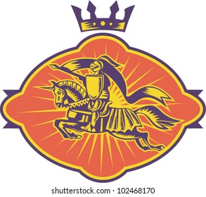 Illustration of a knight riding horse with lance and shield facing front done in retro woodcut style.