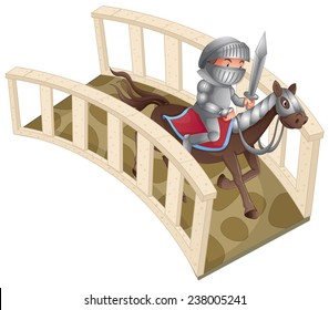 Illustration of a knight riding a horse over the bridge