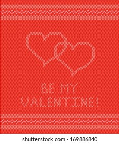 Illustration of knitted background with hearts and border in red and white colors