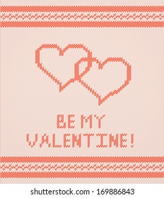Illustration of knitted background with hearts and border in red and white colors