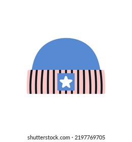 Illustration of a knitted hat. Fashion for newborn babies. Cute unisex design for girls and boys. Hand drawn vector illustration isolated on white background. Childhood, motherhood, baby store.