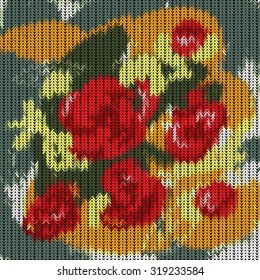 Illustration of knitted pattern with roses on dark background