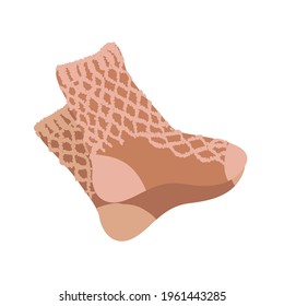 Illustration of knitted socks  in flat lay style in nice warm color with binding texture. It can be used as icon or design element.