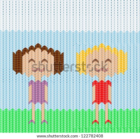 Illustration of knitted sweater with two funny girls