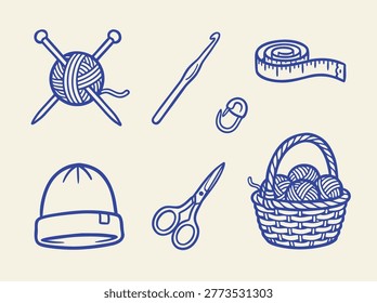 Illustration of knitting and crochet tools and accessories including yarn, needles, hook, measuring tape, stitch marker, hat, scissors, and basket.