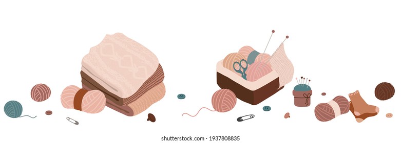 Ilustración de tejido y trabajo a mano en un estilo plano sobre fondo blanco. Camisas sudaderas apiladas en una pila, cesta de agujas, bolas de hilo. Banner en formato horizontal