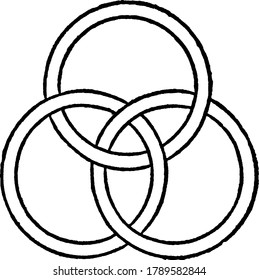 An illustration of a knot, represented by three closed plane curves, none of which has doubled points and no two of which intersects, vintage line drawing or engraving illustration.