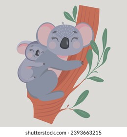 Illustration with koala with baby on the tree