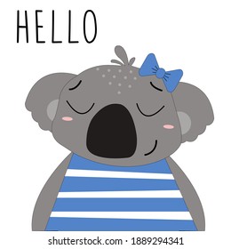 An illustration of a koala girl with a blue bow. Birthday card template. Isolated on white.