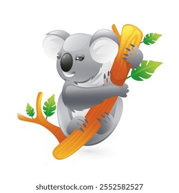 Illustration of a koala on a tree, realistic in 3D style.