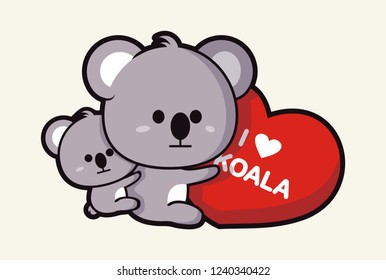 Illustration of koalas hugging heart. This ideal for kid's illustration.