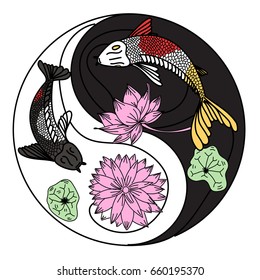 illustration of koi carp, coloring book, yin yang 