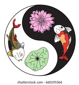 illustration of koi carp, coloring page, yin yang 