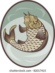 illustration of a Koi carp fish jumping up set inside ellipse done in retro style.