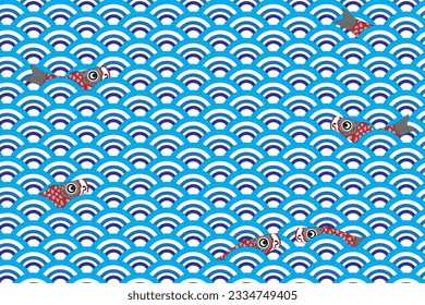 Illustration of koi fish with blue wave background.