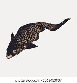 Illustration koi fish with detailed scales. The koi fish is swimming gracefully. Koi fish are symbols of strength and perseverance in art. Vintage art drawing illustration, painting art vector.