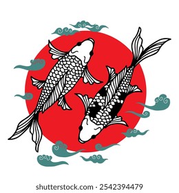 Ilustración Koi Fish Japón con el círculo rojo