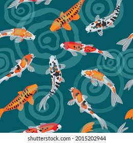 Illustration of koi fish Japanese carp. Seamless vector background. Colorful goldfish are swimming in the pond, there are circles on the surface of the water. Asian carp are white and orange in color