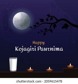 Illustration of Kojagiri Paurnima. Poster decorated with full Moon, Tree, a glass of Milk, and diyas.Full Moon Night Background. 