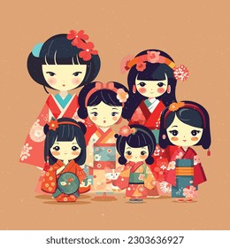 Ilustración de la muñeca Kokeshi. Dibujar chicas en Kimono. Hinamatsuri, Día de las Muñecas o Día de las Niñas. Ilustración de vectores editable. 