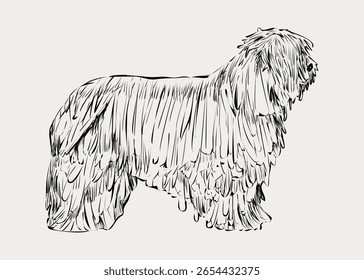 Ilustração de um cão Komondor com seu casaco longo e com cordões distintivo. O casaco único do Komondor é um destaque, mostrando sua aparência icônica e cordada. Vintage pet ilustração vetor.
