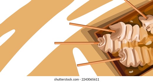 An illustration of Korean cuisine called Kkochi eomuk. Street Korean food in broth on an abstract background. Fish snacks on a stick. Suitable for printing on textiles and paper.