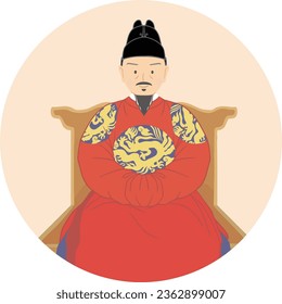 Illustration of korean King Sejong the Great sitting on a chair with background