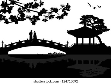 Illustration Of Korean Landscape Silhouette With A Couple On A Bridge, Vector