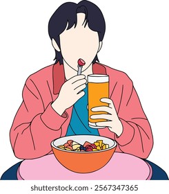 illustration of a Korean model eating fruit. a handsome man who was eating something and wearing a jacket