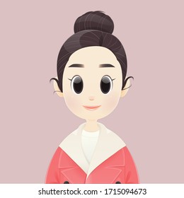 Illustration of a Korean woman doing bun hair and wearing a pink overcoat with a pink background. Flat character illustration design