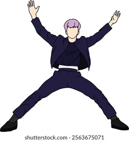 illustration of a kpop idol dancing spectacularly on stage. an idol with cool clothes wearing a dark blue outfit. someone who is dancing