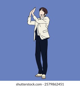 illustration of a kpop idol from the starlight boys program. a male kpop idol who is performing on stage. cute handsome model posing with purple background