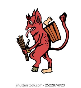 Illustration of Krampus, a horned mythical creature from European folklore, often depicted as the Christmas devil who punishes naughty children. 